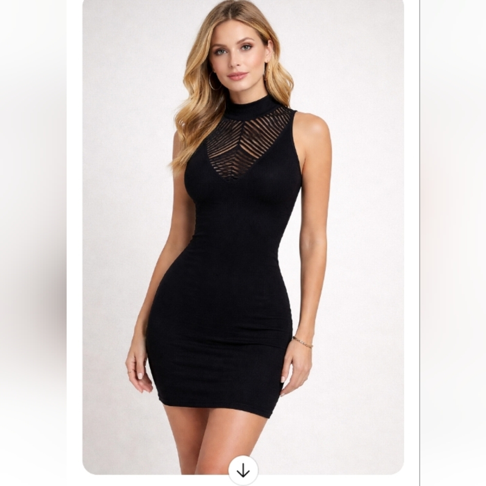 Bebe Black Bodycon Mini Dress Mesh High Neck Sexy Club Dress Size P/S